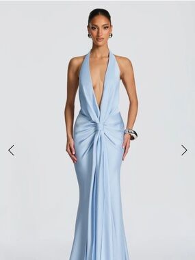 BABYBOO Linnette Gowl - Backless Ice Blue Halter Gown with Front Twist